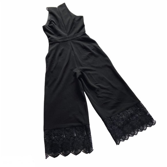 NWT Badgley Mischka Black Crop Lace Trim Cut-Out Front Playsuit Jumpsuit 0 - Picture 3 of 10